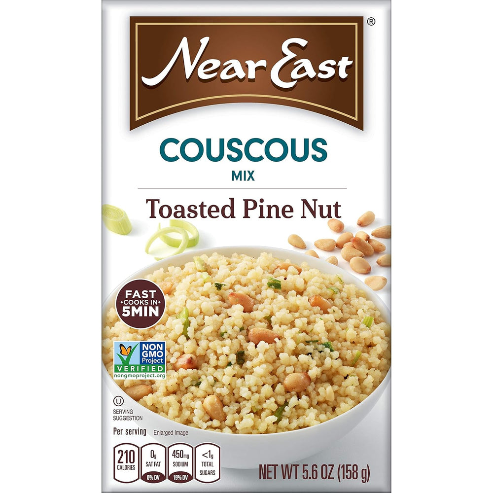 Mediterranean curry couscous mix by Near East with toasted pine nuts in a bowl, easy to prepare and delicious.