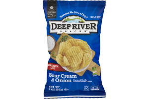 Deep River Sour Cream and Onion Kettle Chips bag, 2 oz pack of crunchy krinkle cut potato chips.