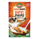 Box of Leapin' Lemurs organic cereal with a lemur illustration on an orange background