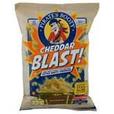 Pirate Brands Cheddar Puffs 4 oz pack featuring cheesy puffs with extra white cheddar flavor.
