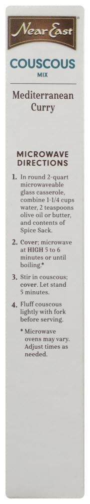 Near East Mediterranean curry couscous microwave instructions with cooking directions and preparation steps.