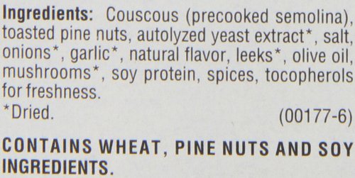 Ingredients list for Mediterranean curry couscous, including couscous, pine nuts, and various spices.