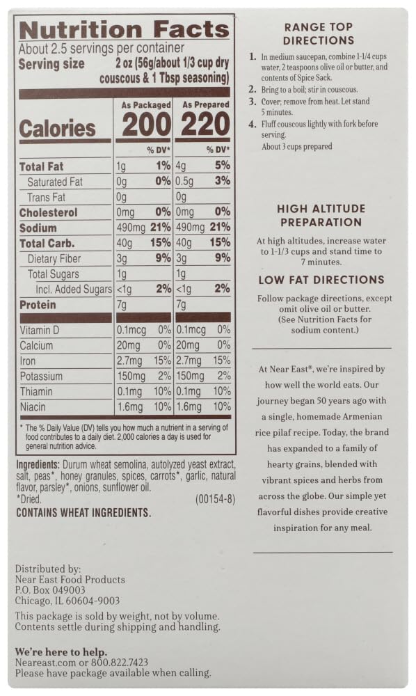 Nutrition facts for Mediterranean curry couscous packaging displaying calories, serving size, and preparation instructions.