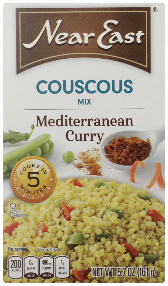 Near East Mediterranean curry couscous mix package showing ingredients and cooking instructions.
