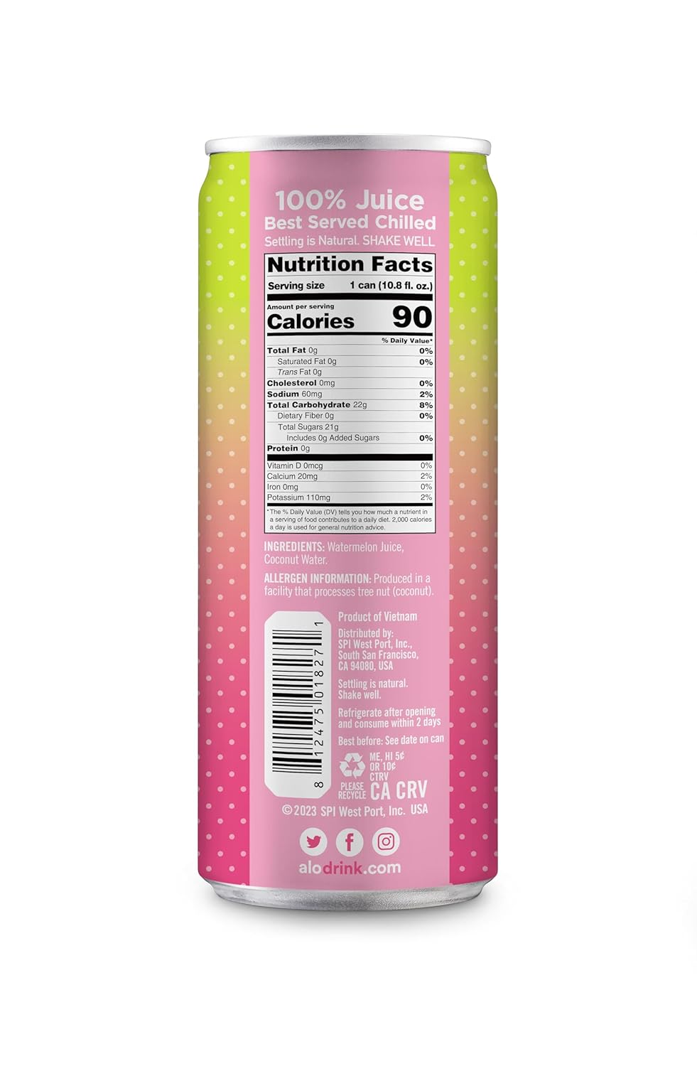 ALO Slim Can Juice | 80% Watermelon Juice + 20% Coconut Water | Plant-Based Beverage | Not from Concentrate | 10.8oz Cans (Pack of 12)