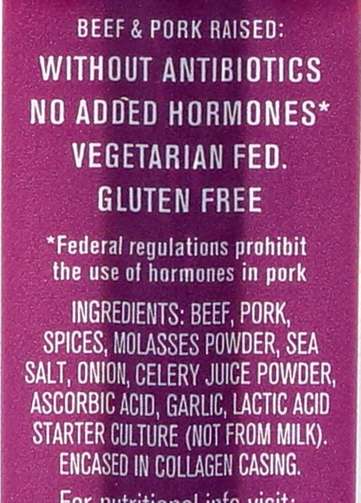 beef chipotle smoked sticks ingredient information highlighting health factors like gluten-free and antibiotic-free.