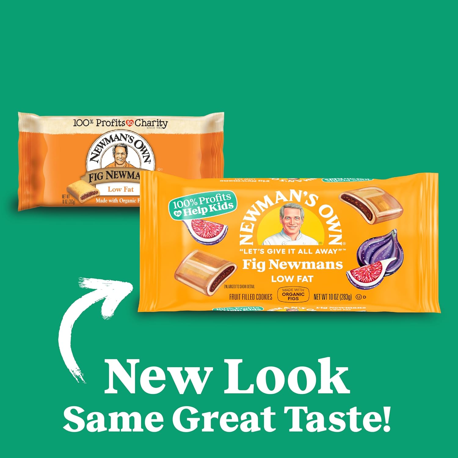 Low fat Fig Newmans cookies packaging showcasing new look and commitment to charity with highlighted profits.