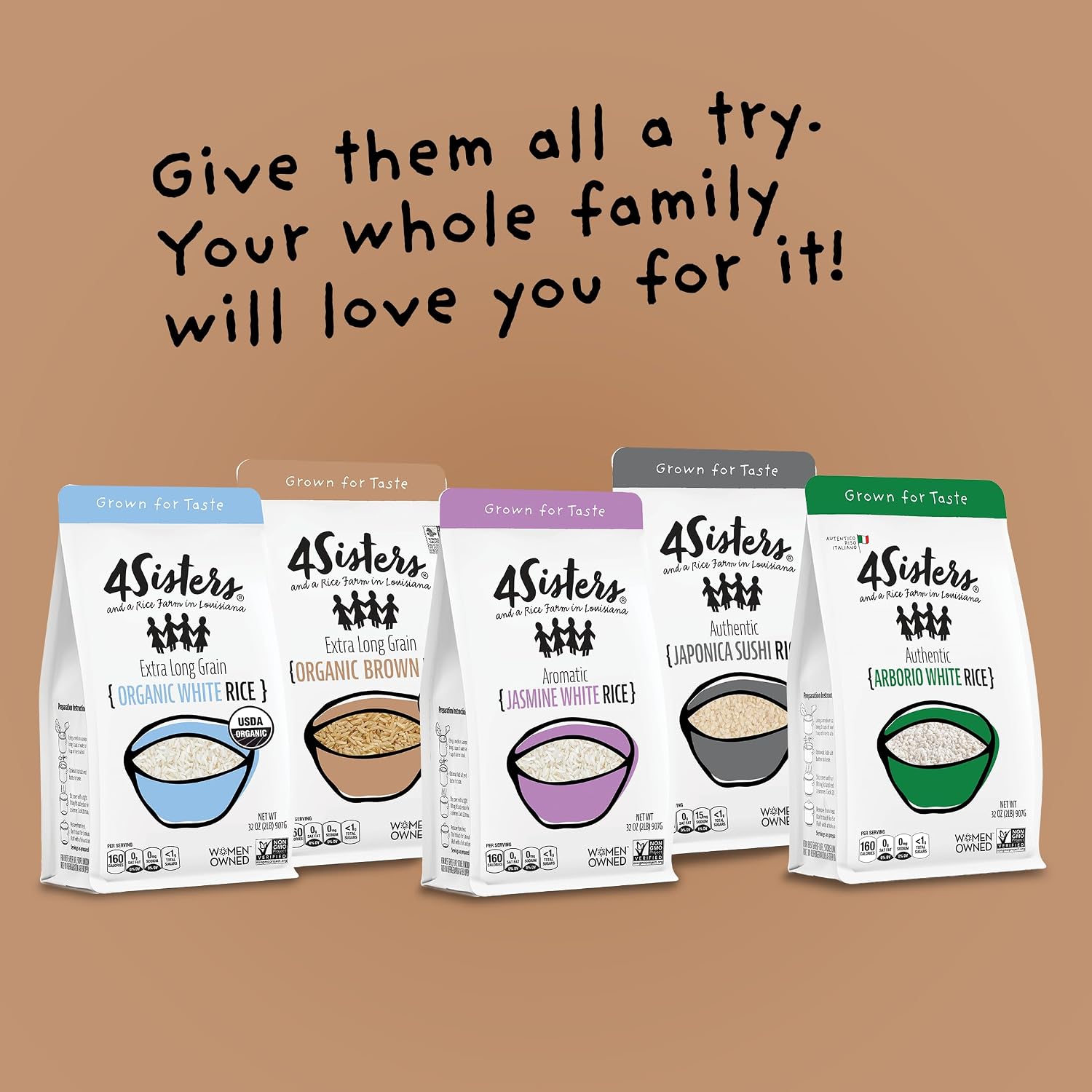4Sisters - Organic Long Grain Brown Rice - Grown in USA - Sustainably Grown - Women Owned - Farm to Table - 2lb