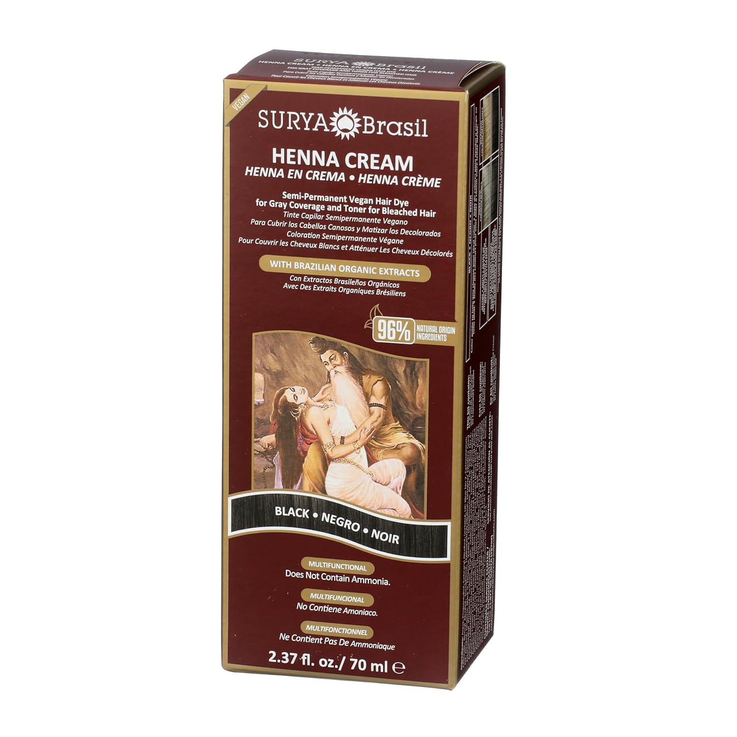 Surya Brasil Henna Cream Black - 96% Natural Ingredients, Vegan, Cruelty-Free, Eco-Friendly, Semi-Permanent Hair Color, Deep Hydration & Shine, 2.37 oz