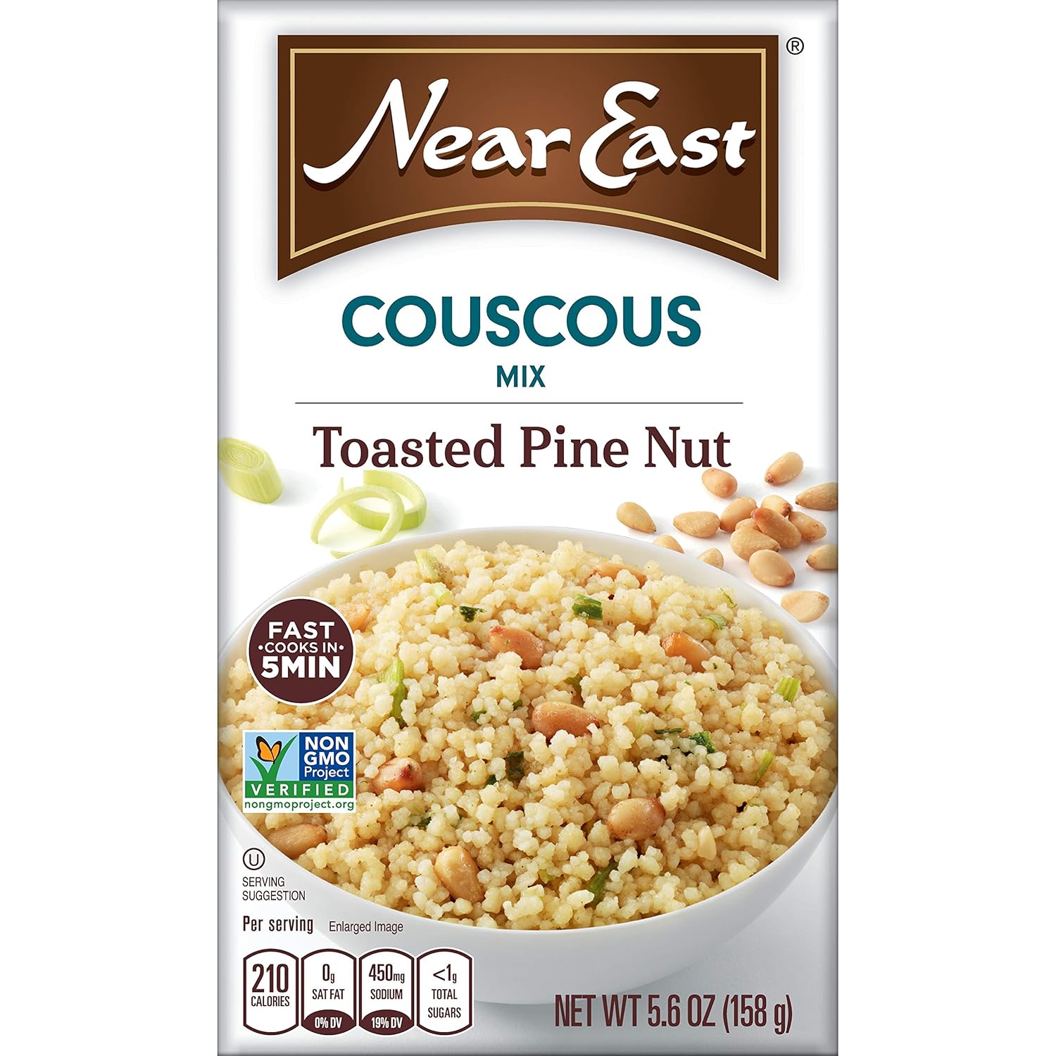 Mediterranean curry couscous mix by Near East with toasted pine nuts in a bowl, easy to prepare and delicious.