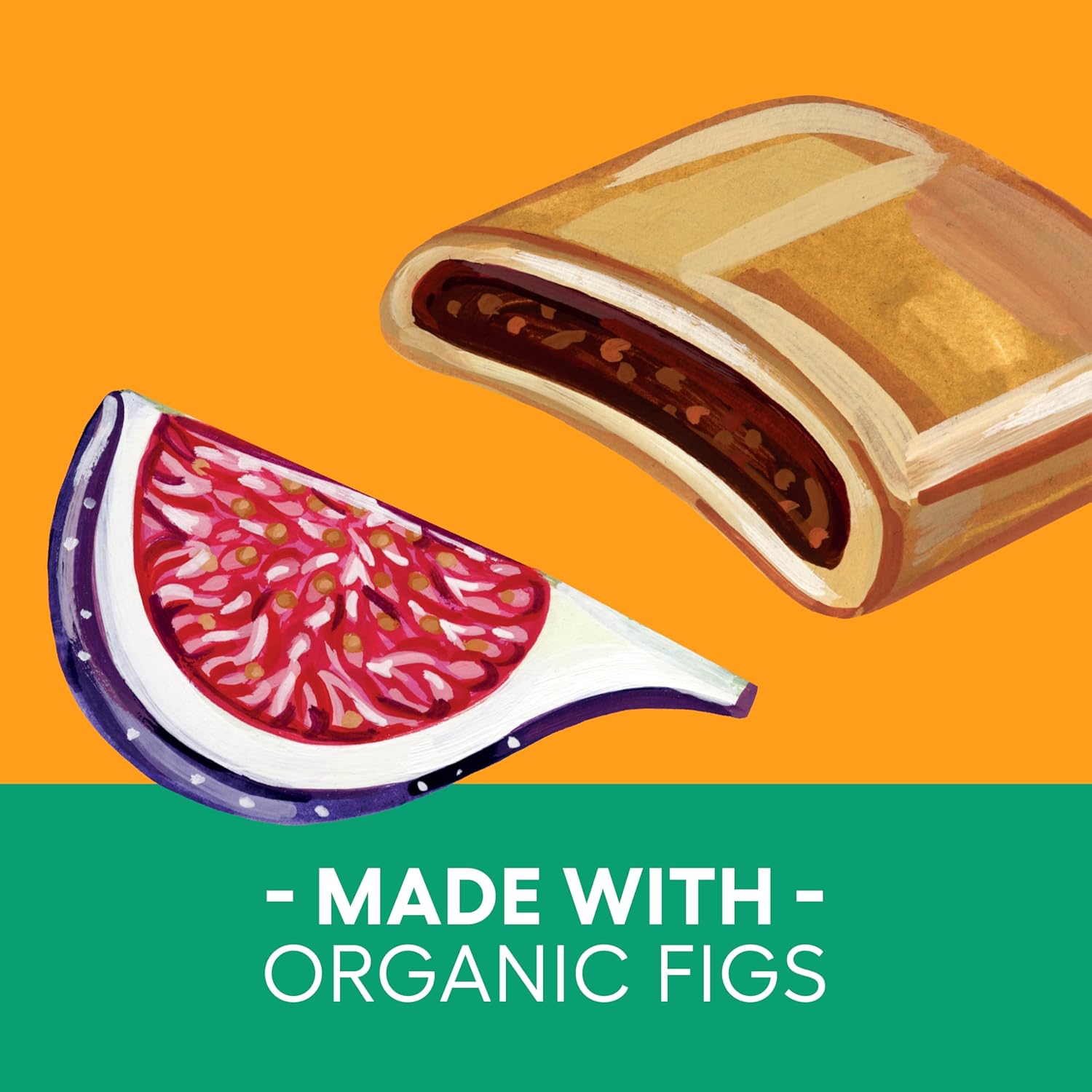 Low fat Fig Newmans cookies illustration with organic figs on a vibrant orange background.
