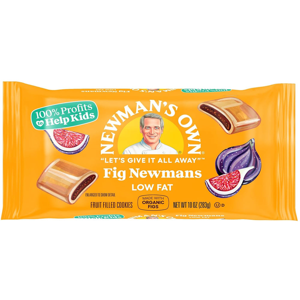low fat Fig Newmans cookies packaging featuring fruit-filled cookies with organic figs and a cheerful logo.
