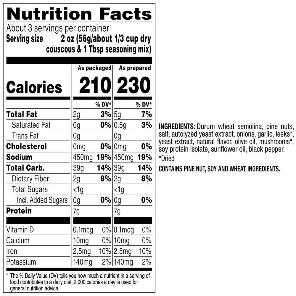 Nutrition facts for Mediterranean curry couscous, displaying calories, ingredients, and serving size.