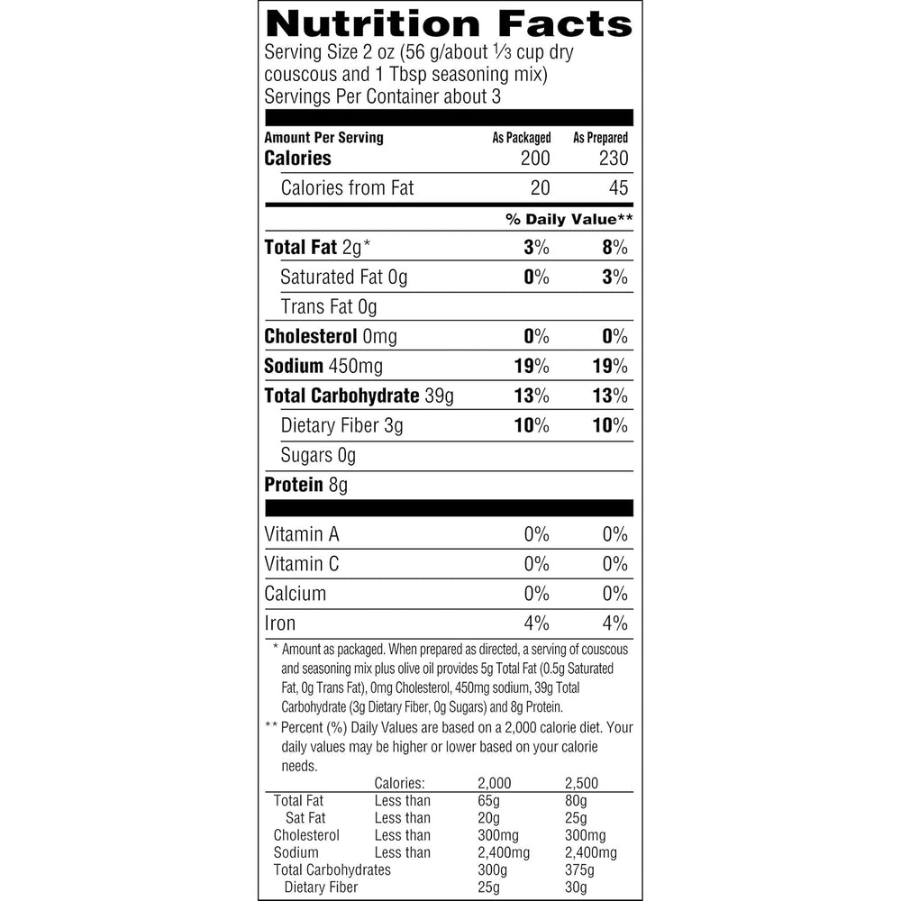 Nutrition facts for Mediterranean curry couscous showing calories, fats, carbohydrates, proteins, and vitamins.