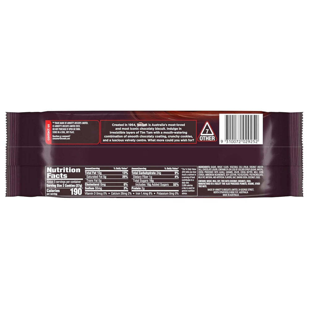 Nutrition facts label for Arnott's Tim Tam Chocolatey Cookies, dark chocolate Tim Tam cookies, 7 oz pack.