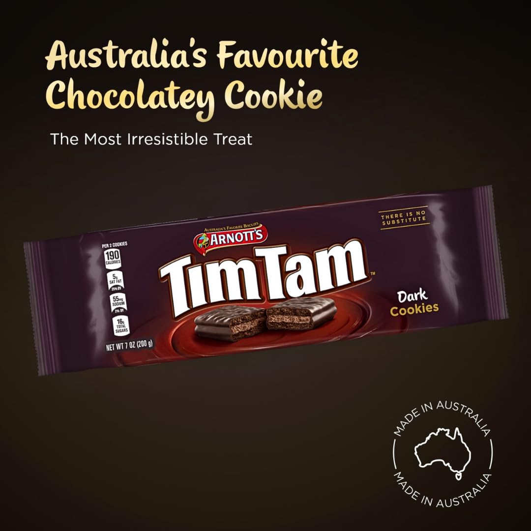dark chocolate Tim Tam cookies packaging displaying 7 oz pack with chocolatey cookies and irresistible treat tagline.