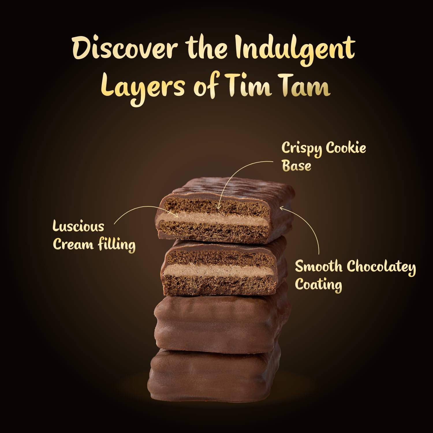 Indulgent layers of Arnott's dark chocolate Tim Tam cookies showcasing crispy cookie base, luscious cream filling, and smooth chocolatey coating.