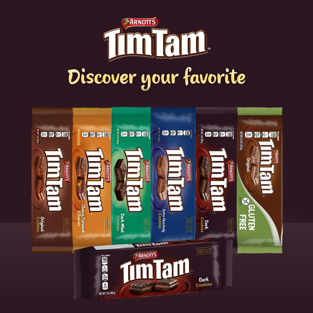 Assorted Tim Tam cookies packaging including dark chocolate Tim Tam cookies, perfect for chocolate lovers.