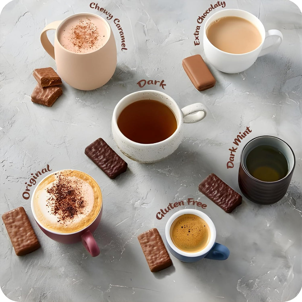 A display of various flavored Tim Tam cookies including dark chocolate Tim Tam cookies alongside beverages.