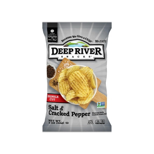 Deep River Snacks Salt and Cracked Pepper Potato Chips, 2 OZ, featuring ridge-cut chips with seasoning.