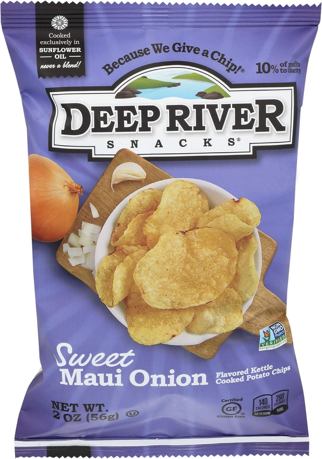 Sweet Maui Onion Potato Chips bag featuring kettle-cooked chips and Maui onion illustration.