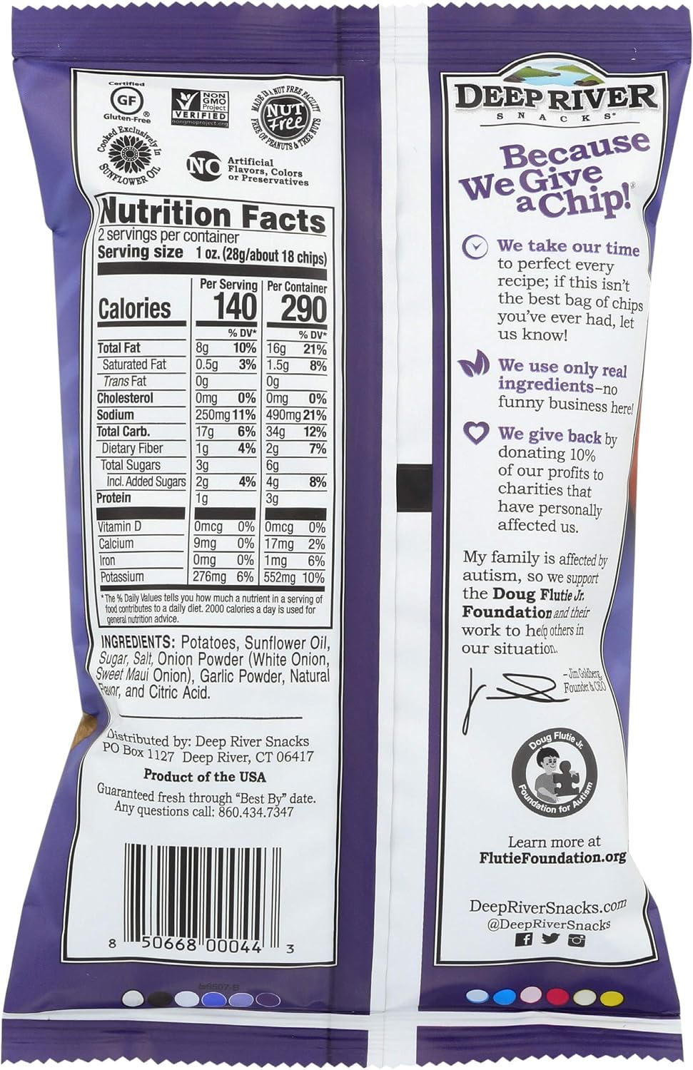 Nutrition facts and ingredients label on a bag of sweet maui onion potato chips.