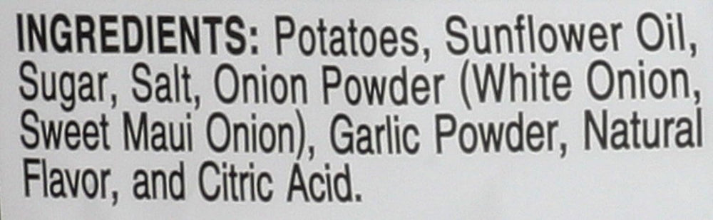 Ingredients list for Sweet Maui Onion Potato Chips including potatoes, sunflower oil, garlic powder, and more.