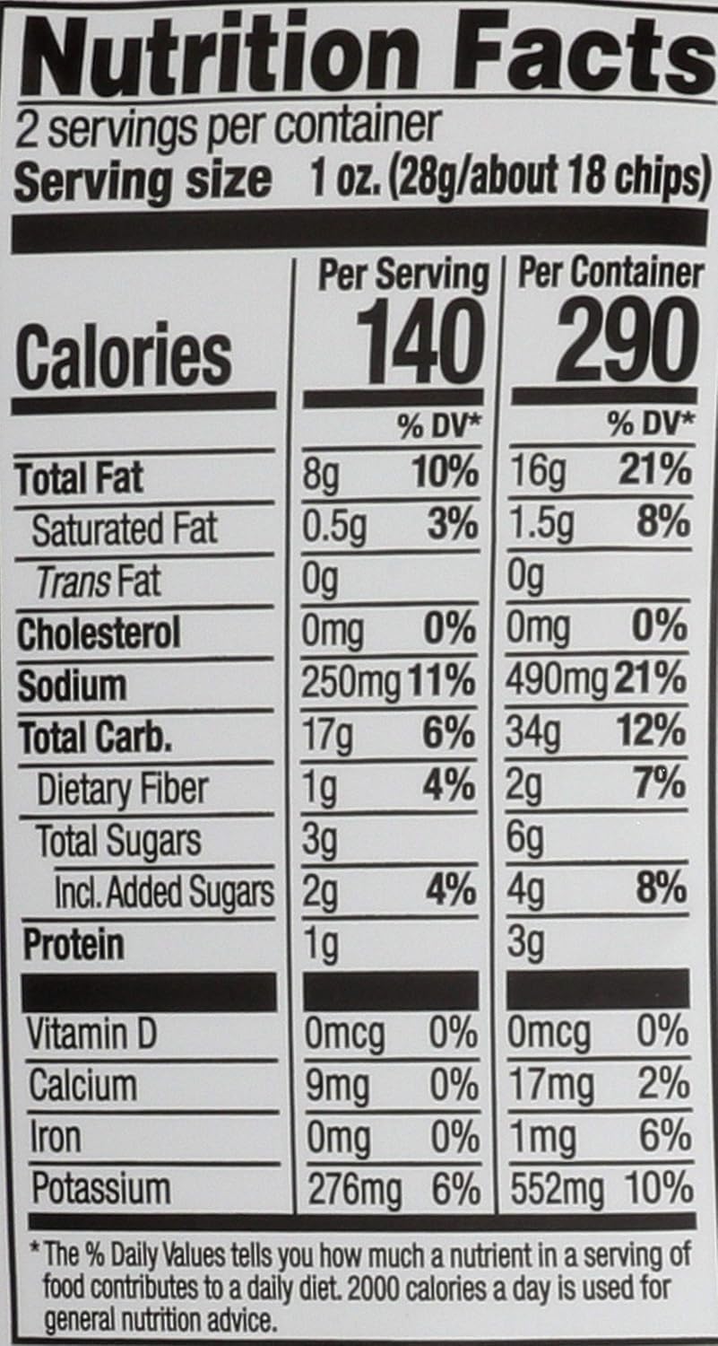 Nutrition facts for Sweet Maui Onion Potato Chips, detailing calories, fats, sodium, and more per serving.