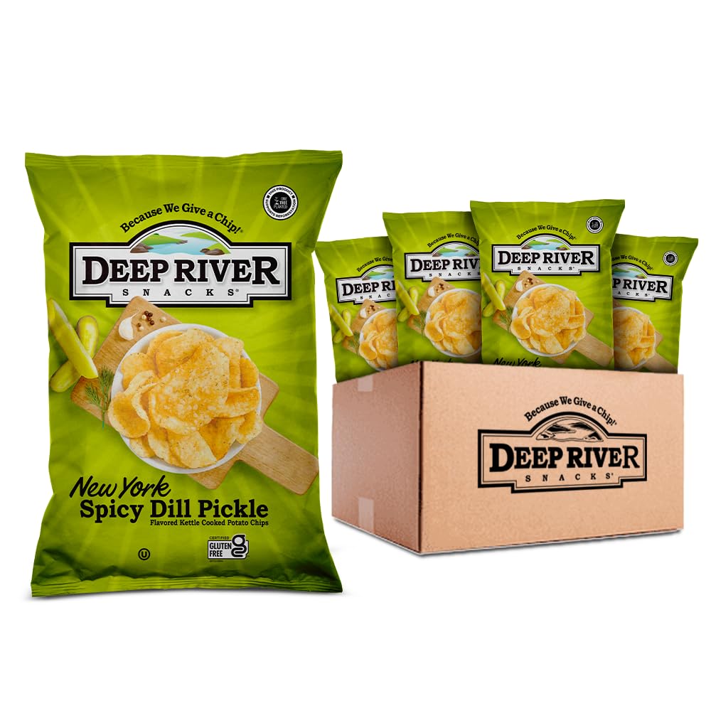 Deep River Snacks spicy pickle kettle chips in a green bag showcasing the New York Spicy Dill Pickle flavor.