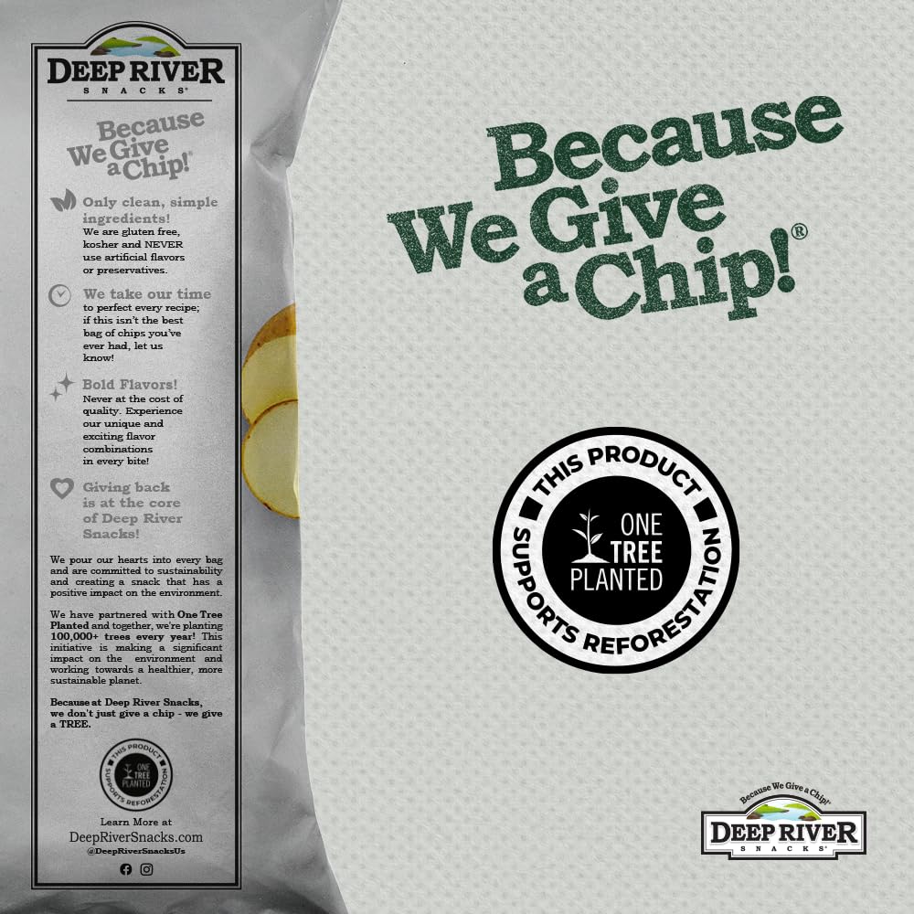 kettle cooked potato chips pack of 24 by Deep River Snacks with eco-friendly message and ingredients list.