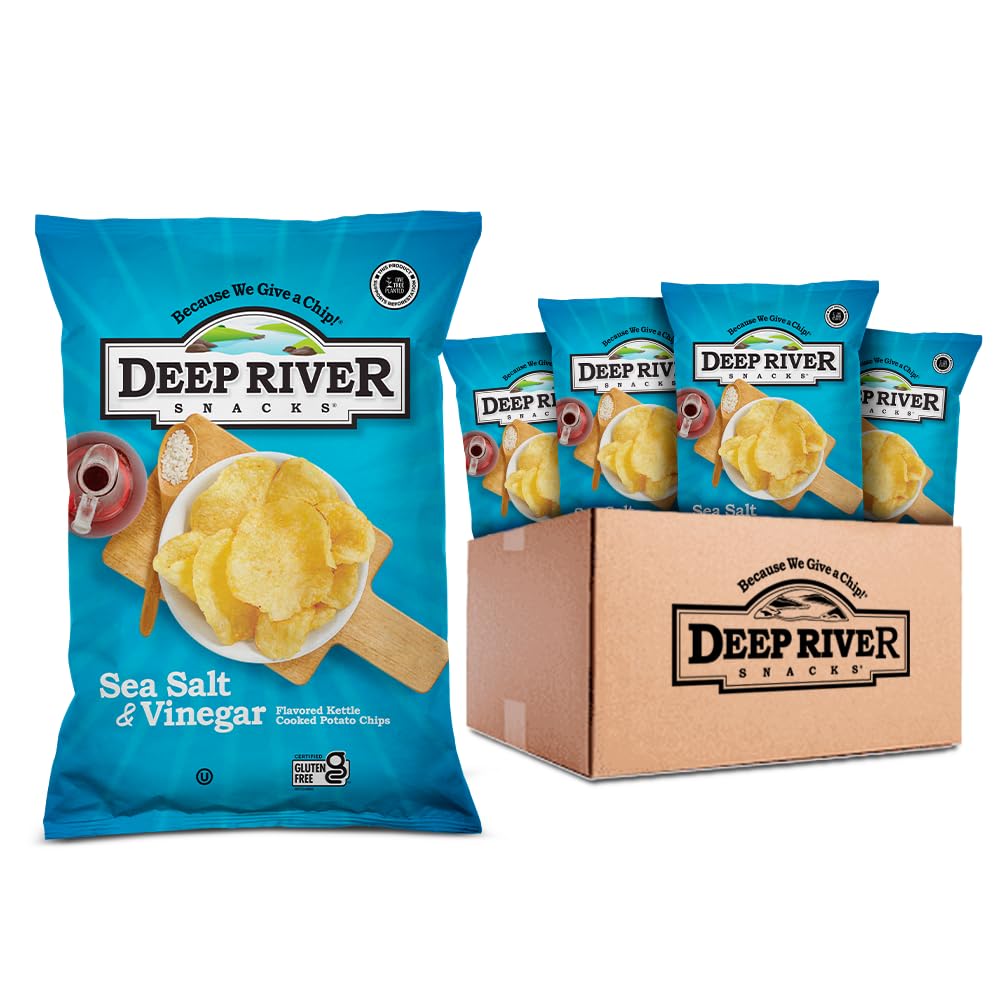 Deep River Snacks Sea Salt and Vinegar Kettle Chips 2 Ounce pack of 24, showcasing crispy potato chips.