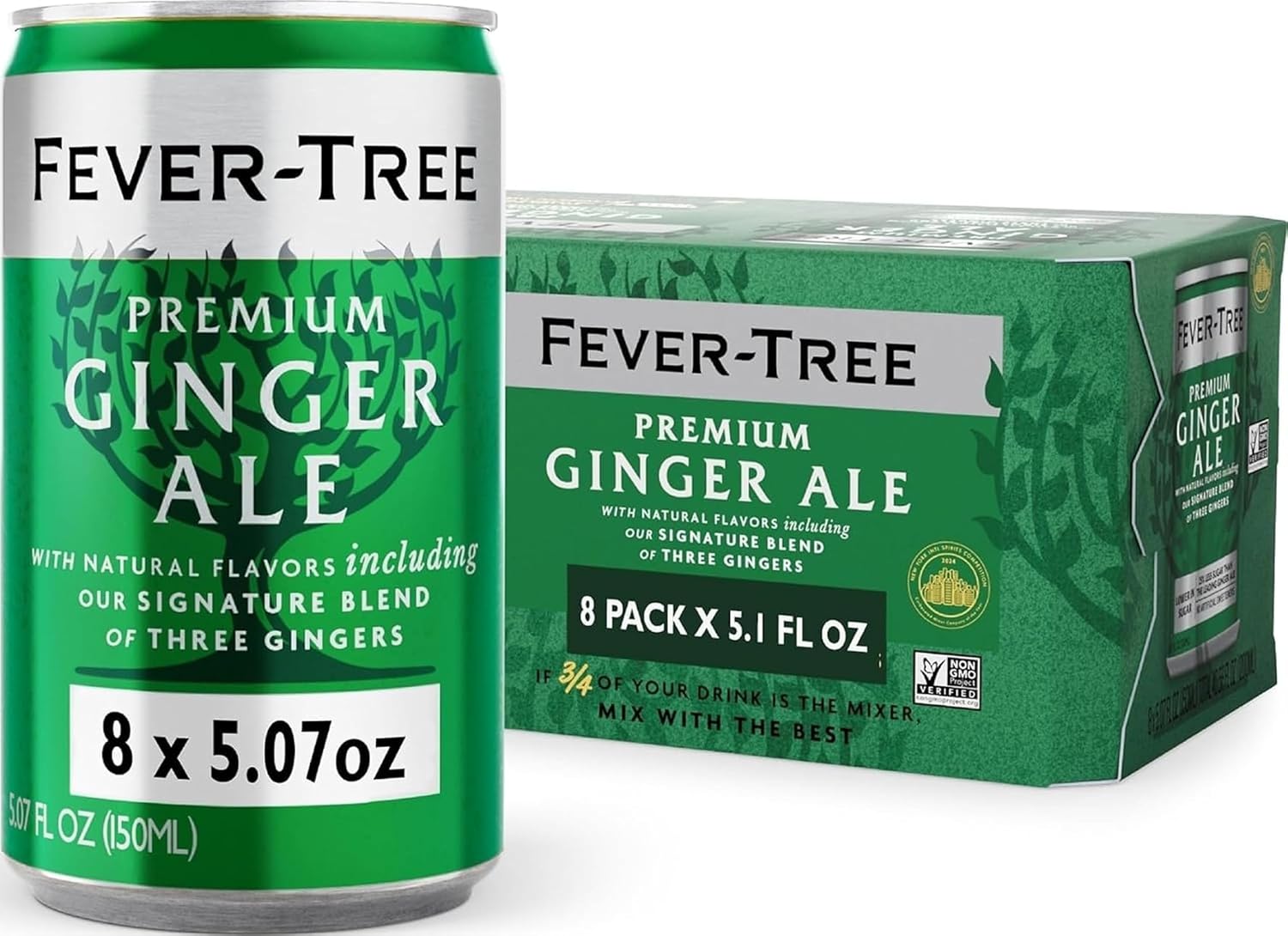 A can of Fever-Tree Premium Ginger Ale next to its green cardboard packaging box, showing the product and its retail box on a plain white background.