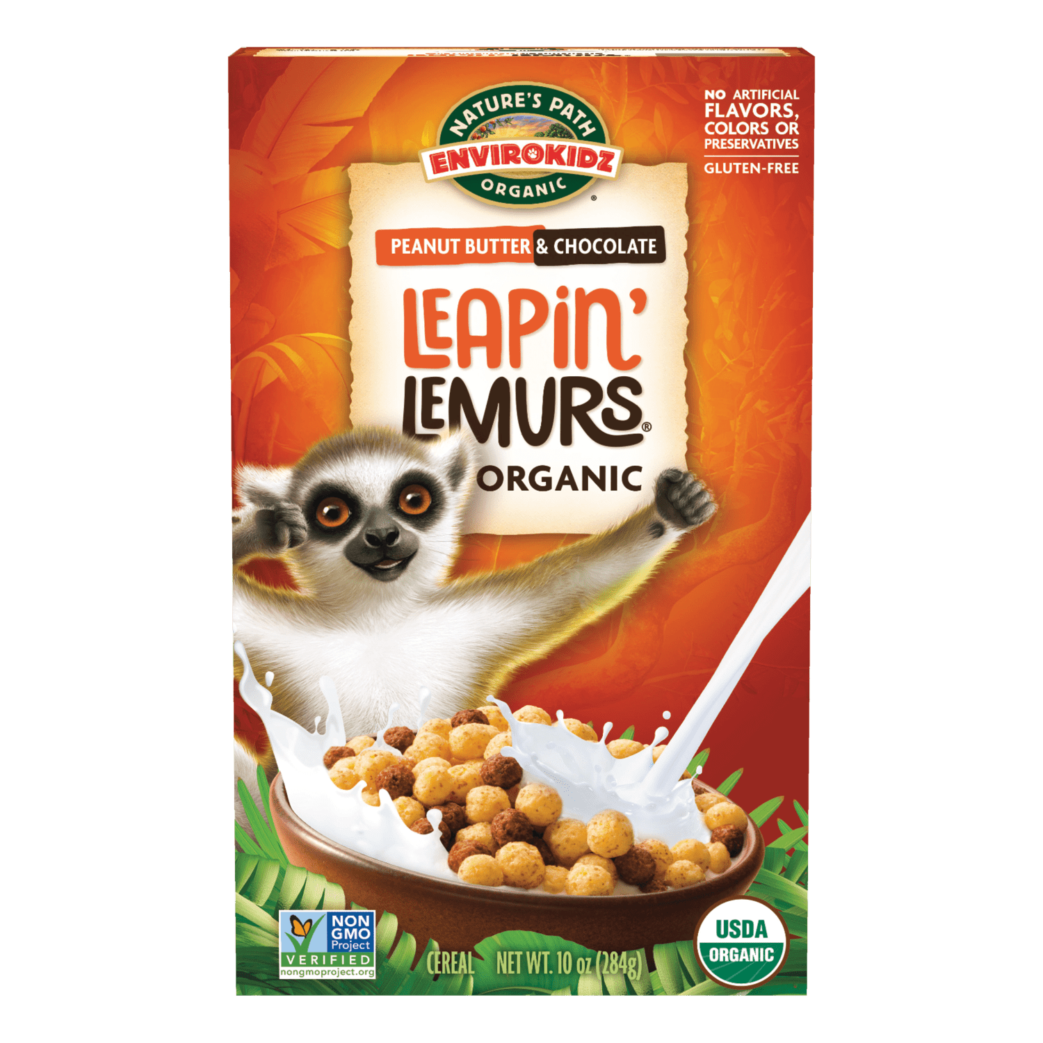 Box of Leapin' Lemurs organic cereal with a lemur illustration on an orange background