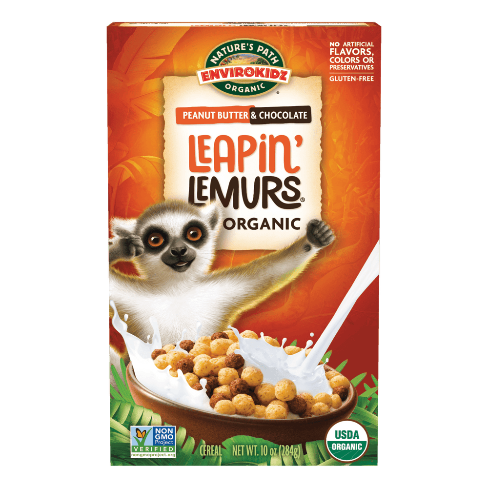 Box of Leapin' Lemurs organic cereal with a lemur illustration on an orange background