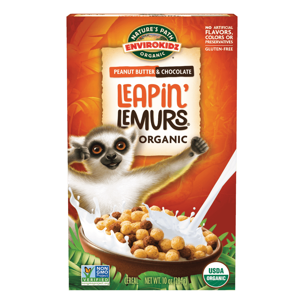 Box of Leapin' Lemurs organic cereal with a lemur illustration on an orange background