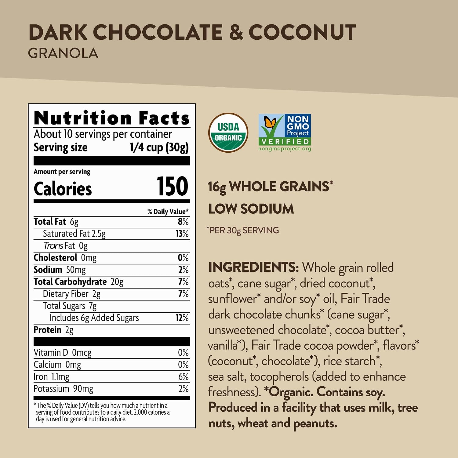 Nutrition facts for organic dark chocolate coconut granola, highlighting calories and ingredients.