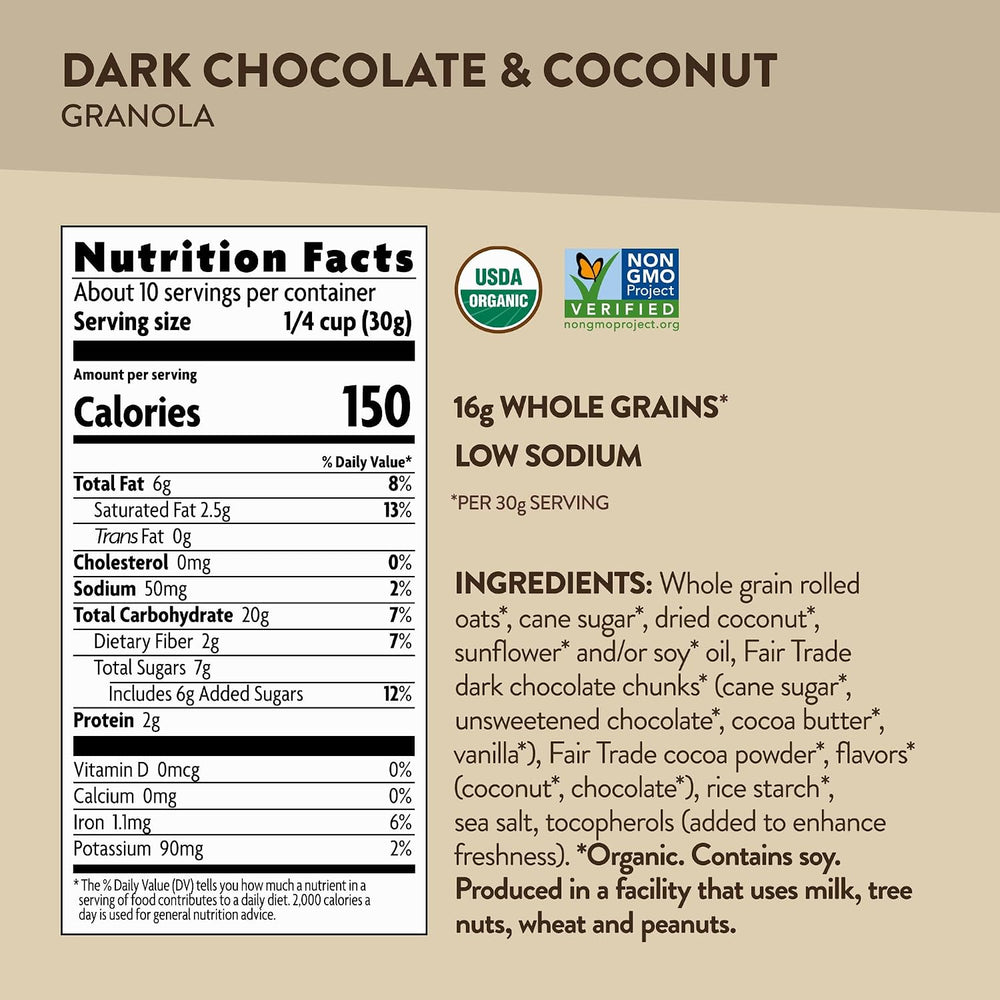 Nutrition facts for organic dark chocolate coconut granola, highlighting calories and ingredients.
