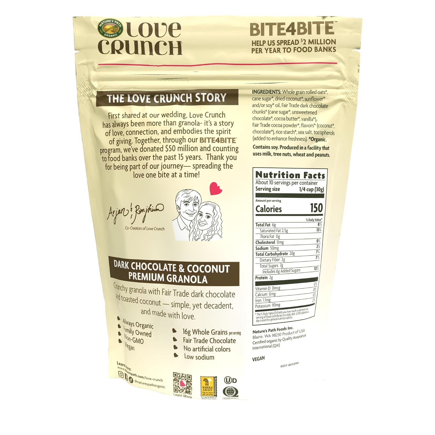Love Crunch organic dark chocolate coconut granola packaging featuring ingredient details and nutritional facts.