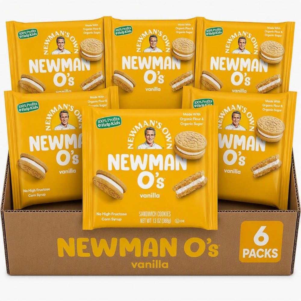 Newmans Own vanilla creme cookie pack featuring six packs of vanilla sandwich cookies in a display box.
