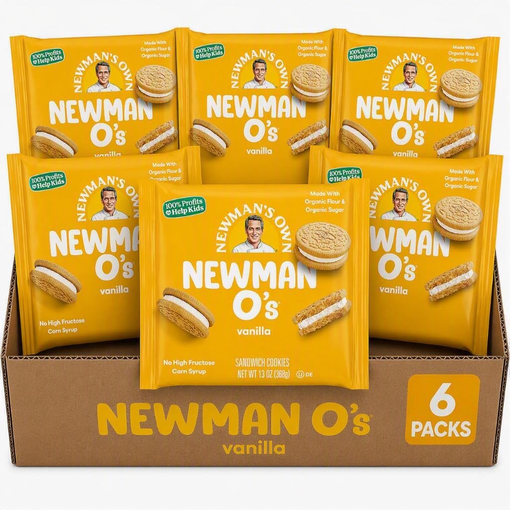 Newmans Own vanilla creme cookie pack featuring six packs of vanilla sandwich cookies in a display box.