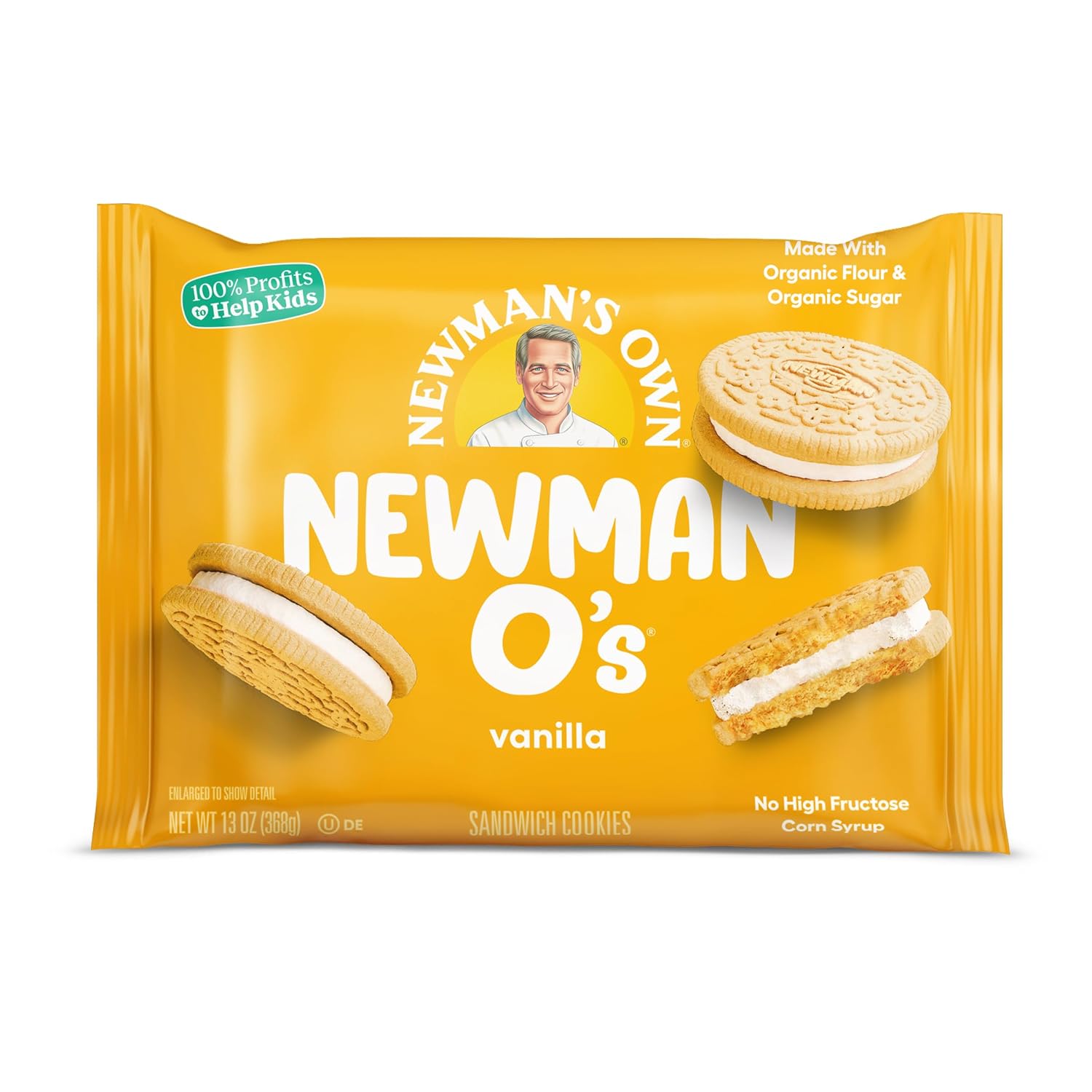 Newmans Own vanilla creme cookie pack, 13 oz sandwich cookies with organic flour and sugar.