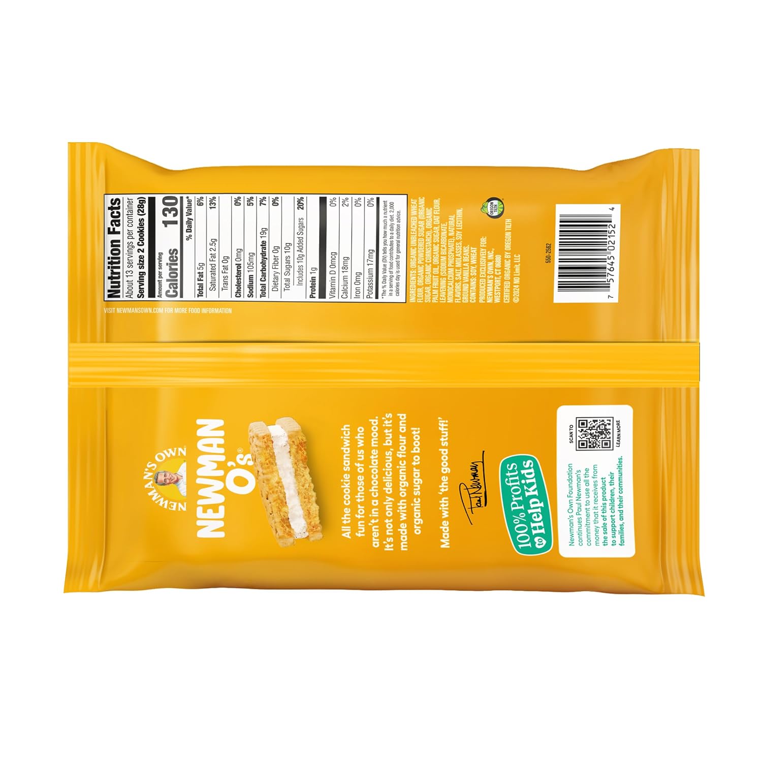 Newmans Own vanilla creme cookie pack back packaging with nutritional facts and ingredient list.