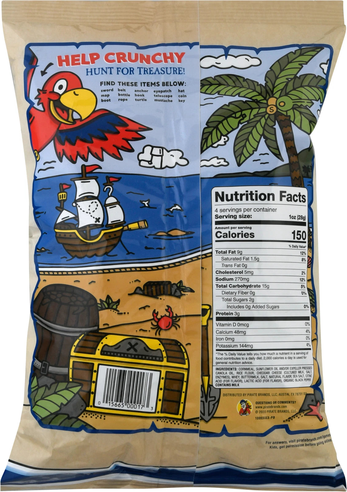 Pirate Brands Cheddar Puffs 4 oz pack with colorful pirate-themed packaging and nutrition facts on the back.