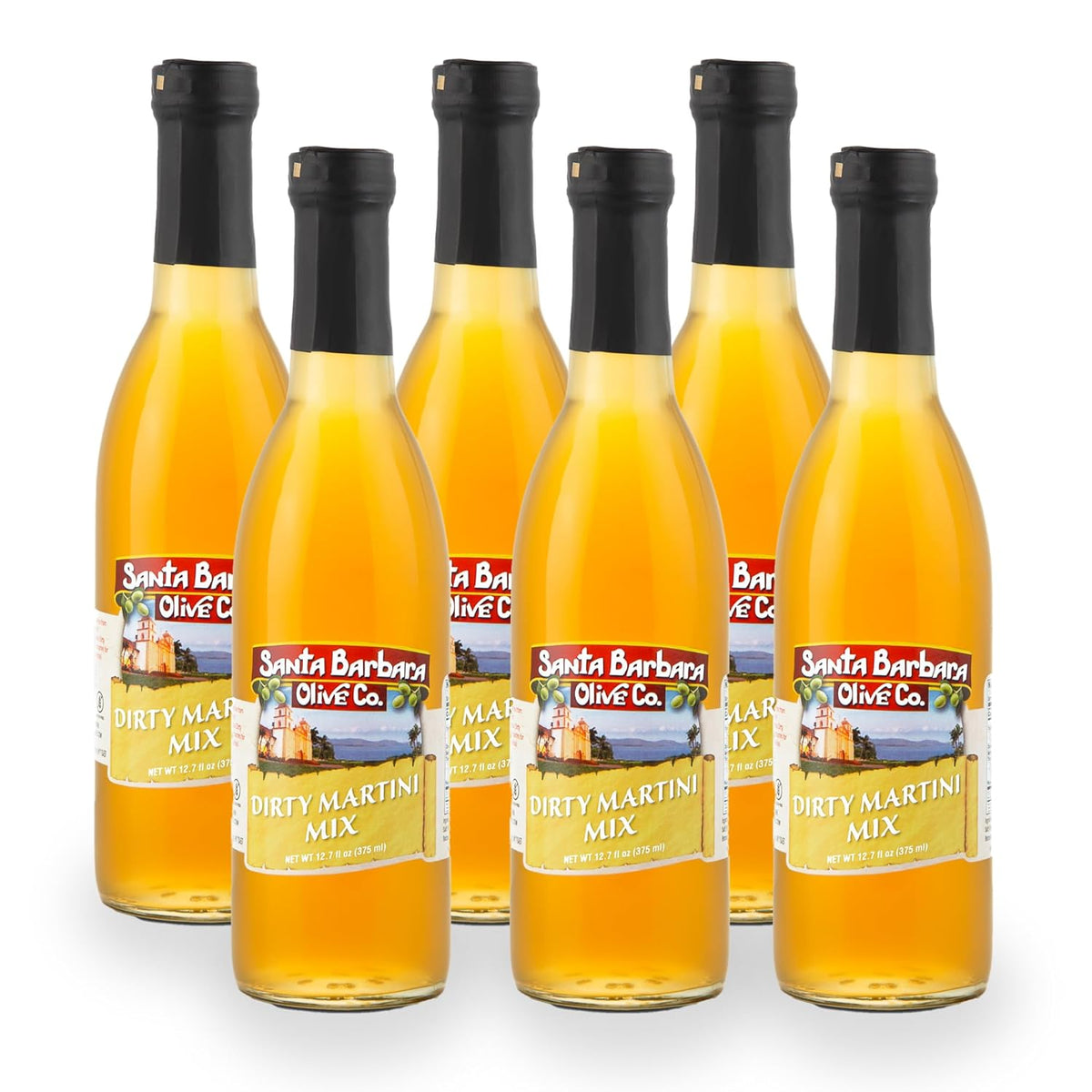 Six bottles of Santa Barbara Olive Co. Dirty Martini Mix on a white background
